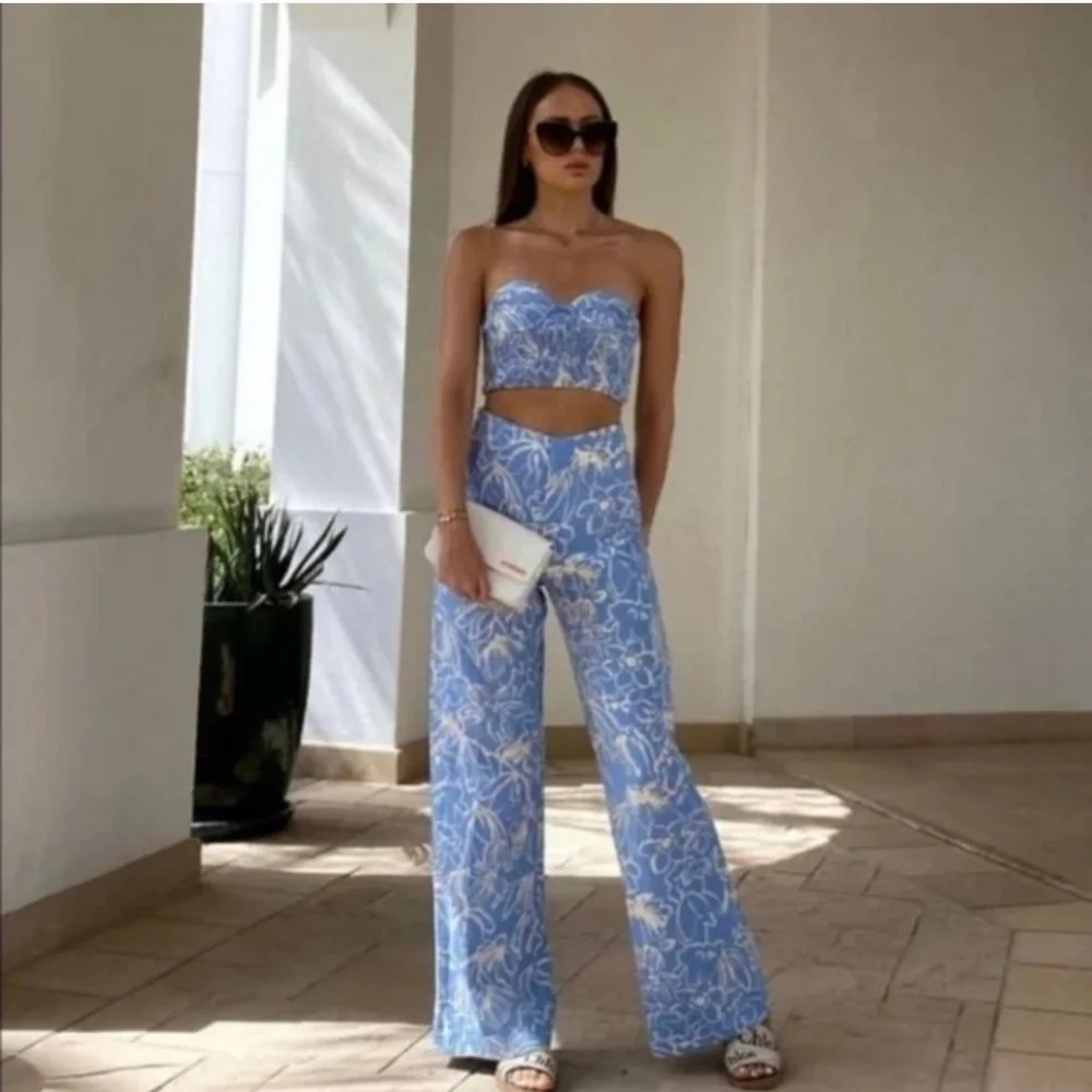 New Zara Full Length Floral Linen Blend High Waisted Blue/White Pants NWT Small